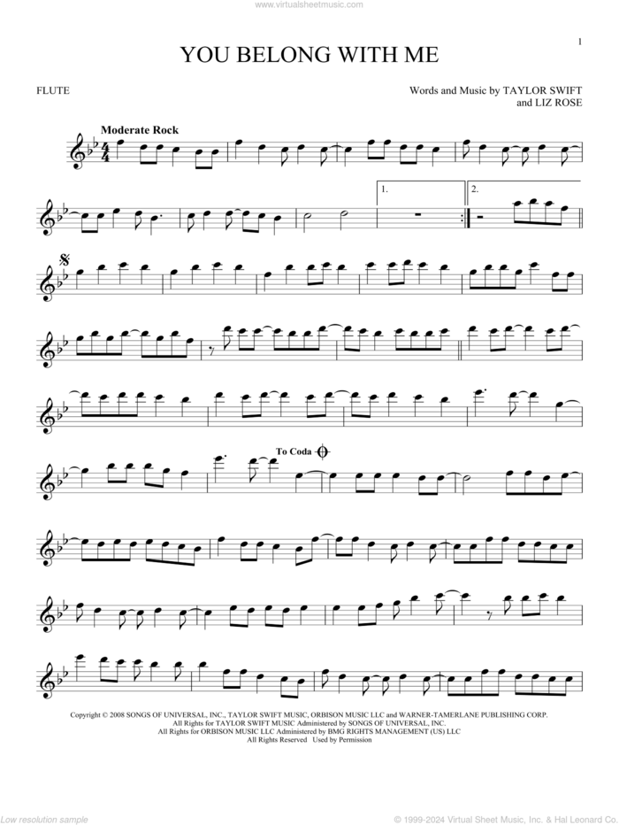 You Belong With Me sheet music for flute solo by Taylor Swift and Liz Rose, intermediate skill level