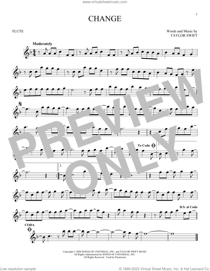 Change sheet music for flute solo by Taylor Swift, intermediate skill level