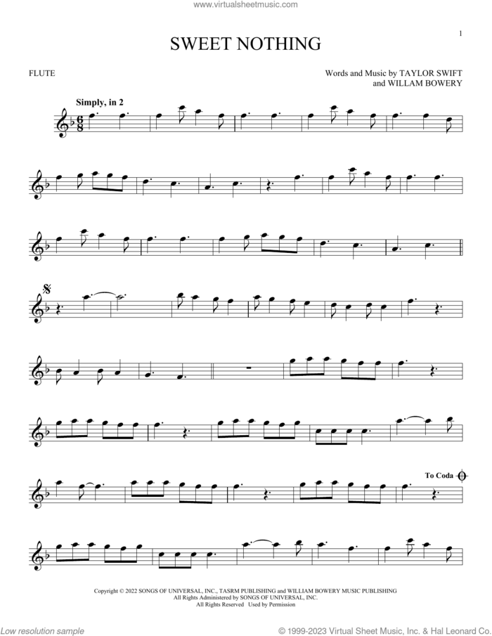 Sweet Nothing sheet music for flute solo by Taylor Swift and William Bowery, intermediate skill level