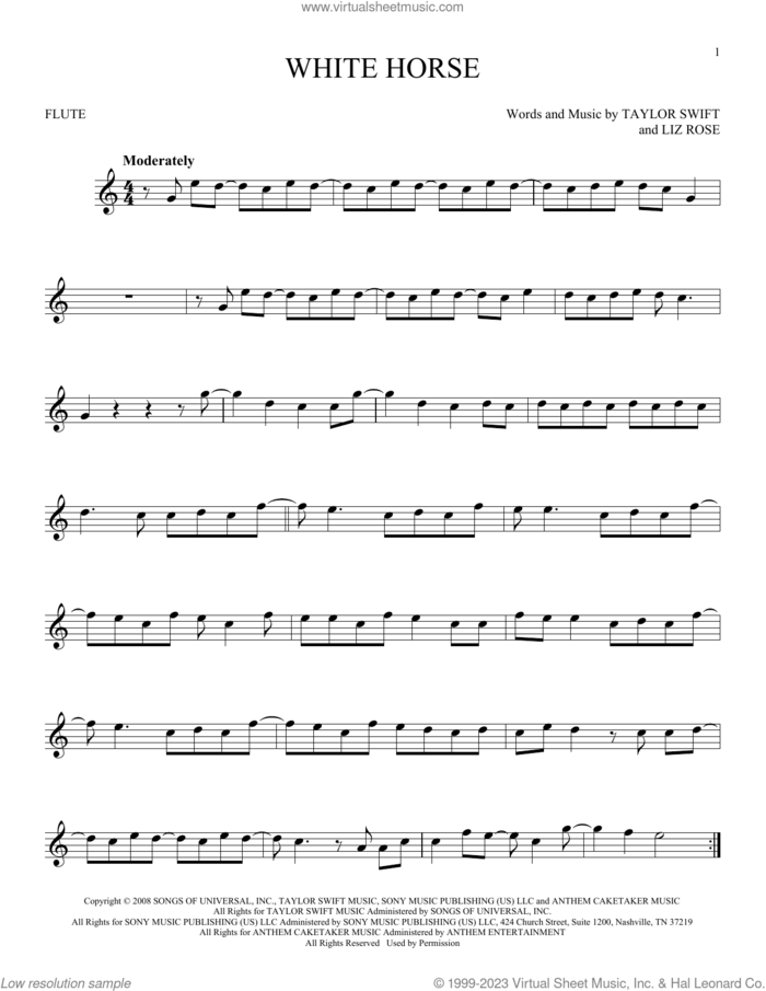 White Horse sheet music for flute solo by Taylor Swift and Liz Rose, intermediate skill level