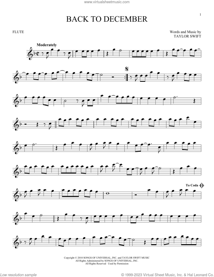 Back To December sheet music for flute solo by Taylor Swift, intermediate skill level
