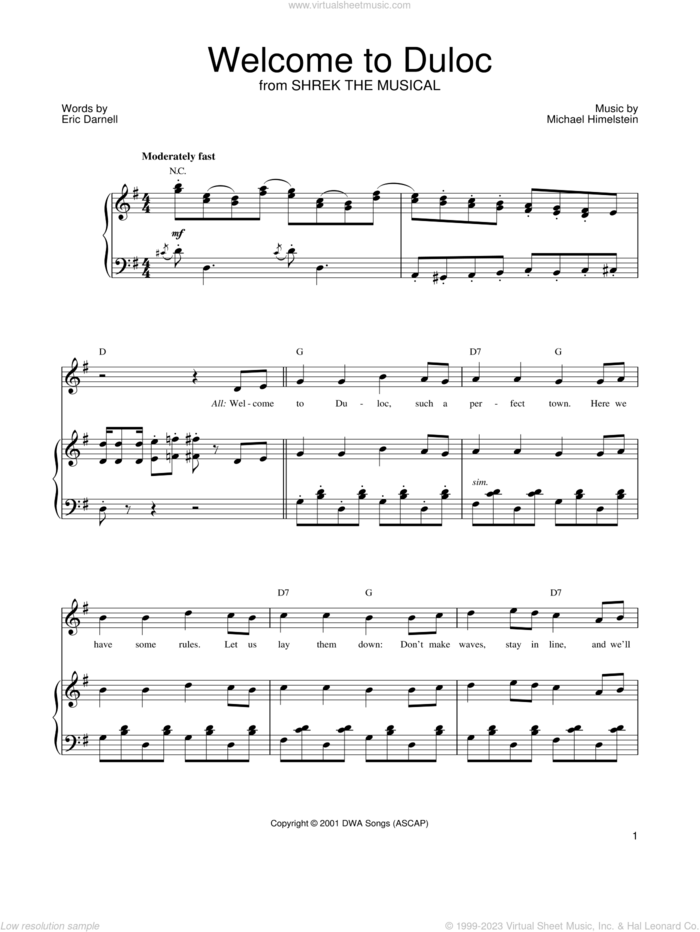 What's Up, Duloc? sheet music for voice, piano or guitar by Shrek The Musical, David Lindsay-Abaire and Jeanine Tesori, intermediate skill level