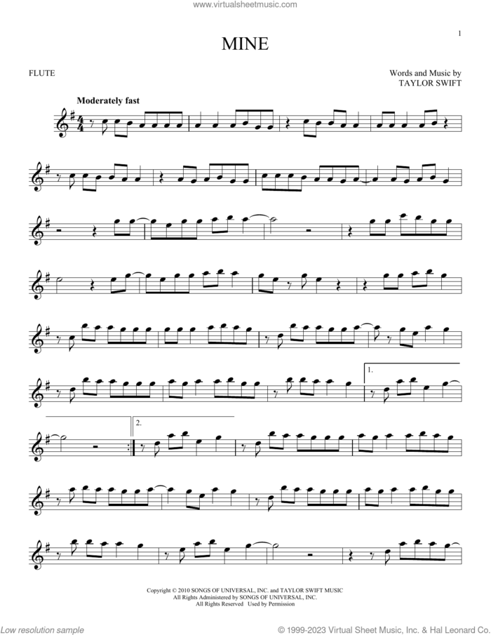 Mine sheet music for flute solo by Taylor Swift, intermediate skill level