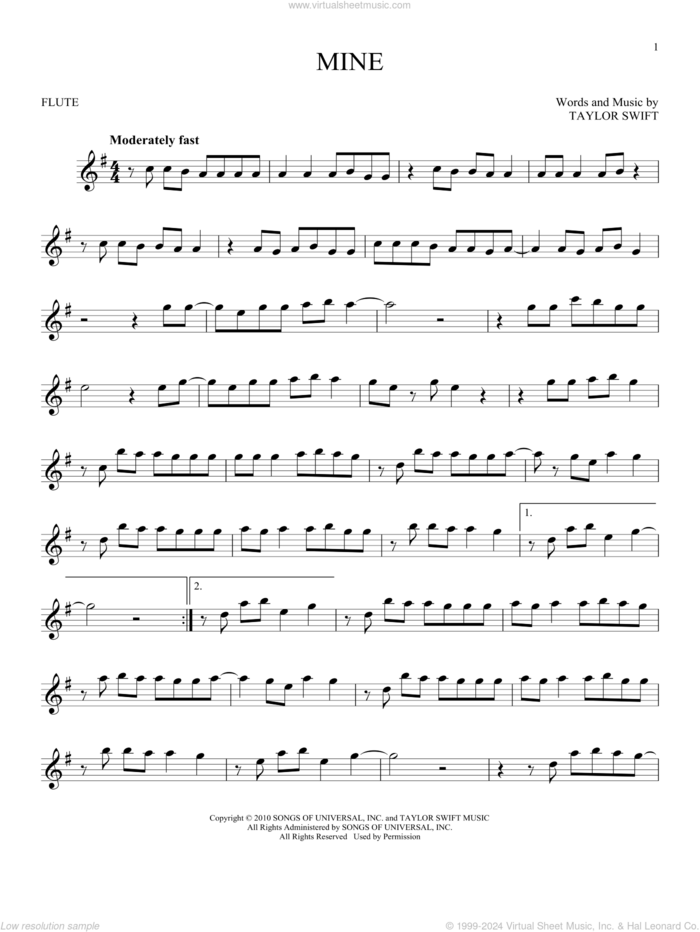 Mine sheet music for flute solo by Taylor Swift, intermediate skill level