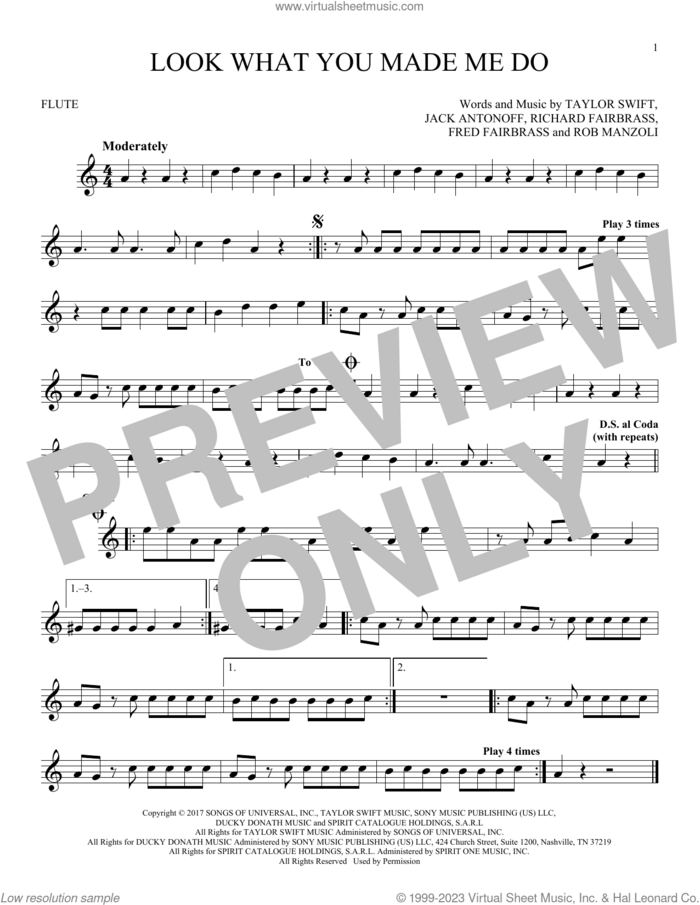 Look What You Made Me Do sheet music for flute solo by Taylor Swift, Fred Fairbrass, Jack Antonoff, Richard Fairbrass and Rob Manzoli, intermediate skill level