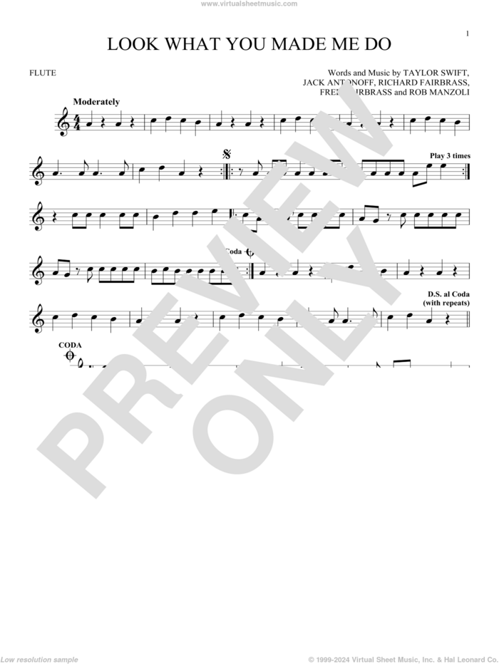 Look What You Made Me Do sheet music for flute solo by Taylor Swift, Fred Fairbrass, Jack Antonoff, Richard Fairbrass and Rob Manzoli, intermediate skill level