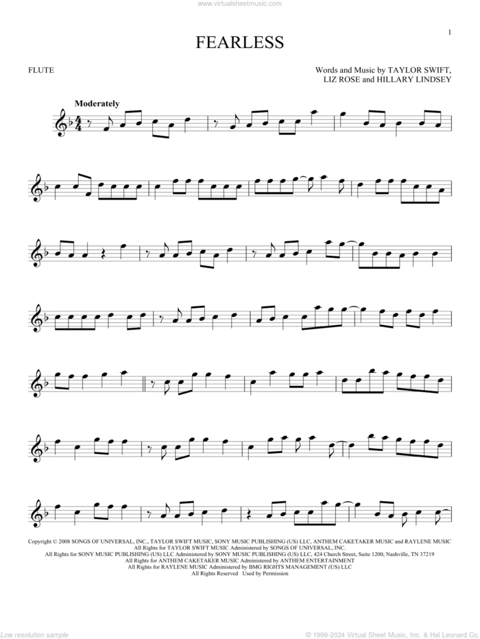 Fearless sheet music for flute solo by Taylor Swift, Hillary Lindsey and Liz Rose, intermediate skill level