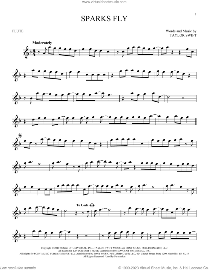 Sparks Fly sheet music for flute solo by Taylor Swift, intermediate skill level