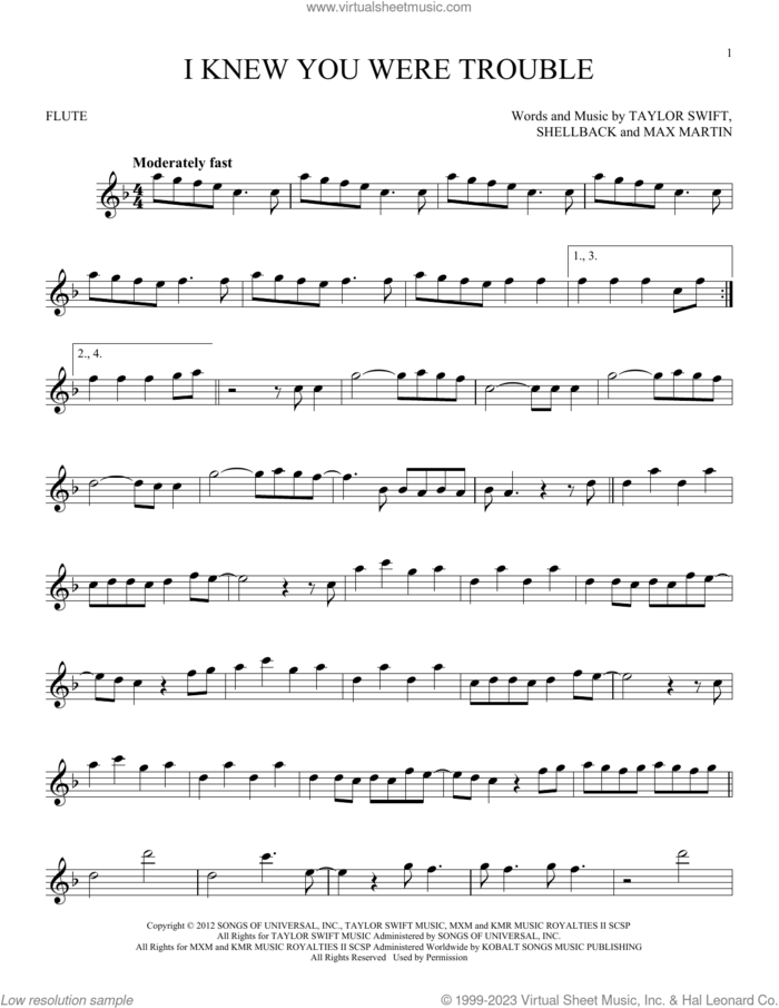 I Knew You Were Trouble sheet music for flute solo by Taylor Swift, Max Martin and Shellback, intermediate skill level