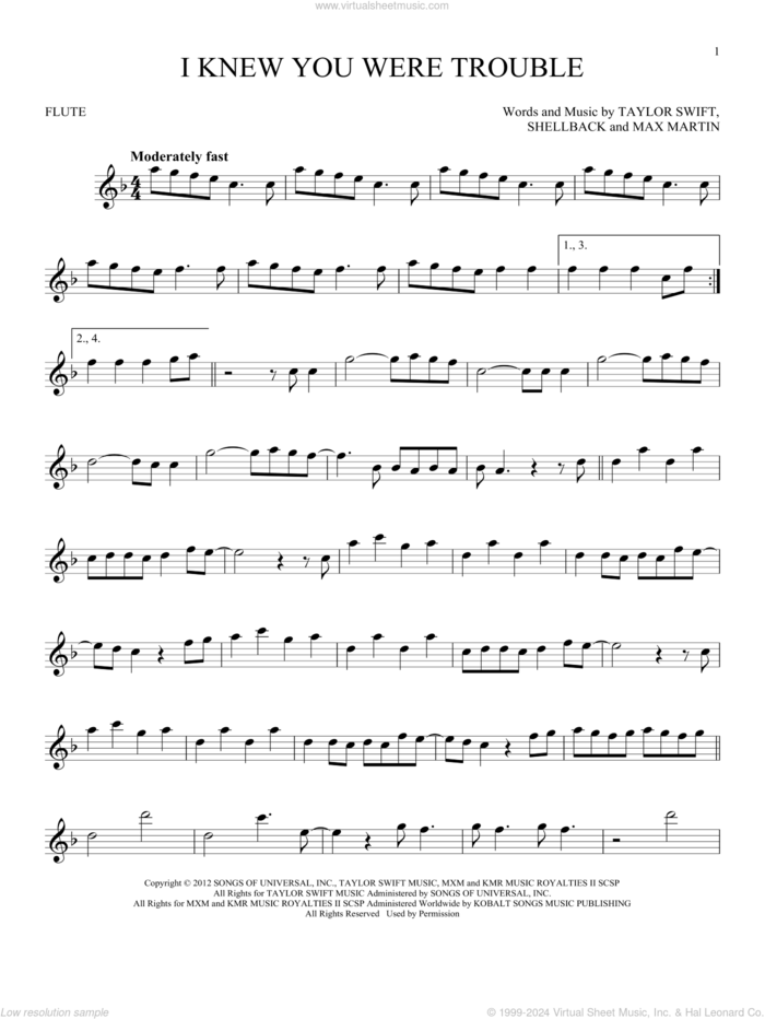 I Knew You Were Trouble sheet music for flute solo by Taylor Swift, Max Martin and Shellback, intermediate skill level