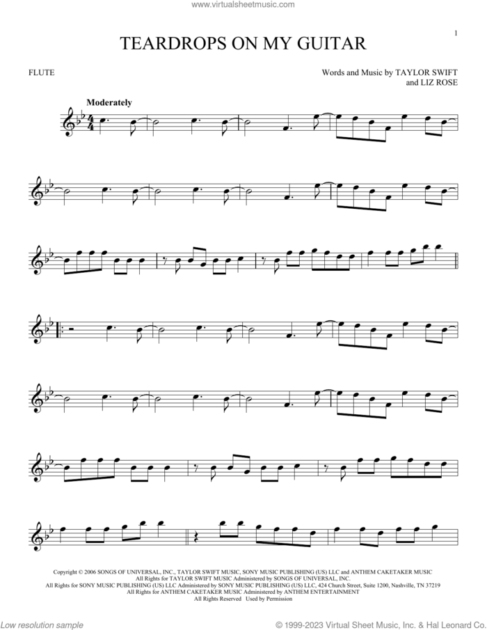 Teardrops On My Guitar sheet music for flute solo by Taylor Swift and Liz Rose, intermediate skill level