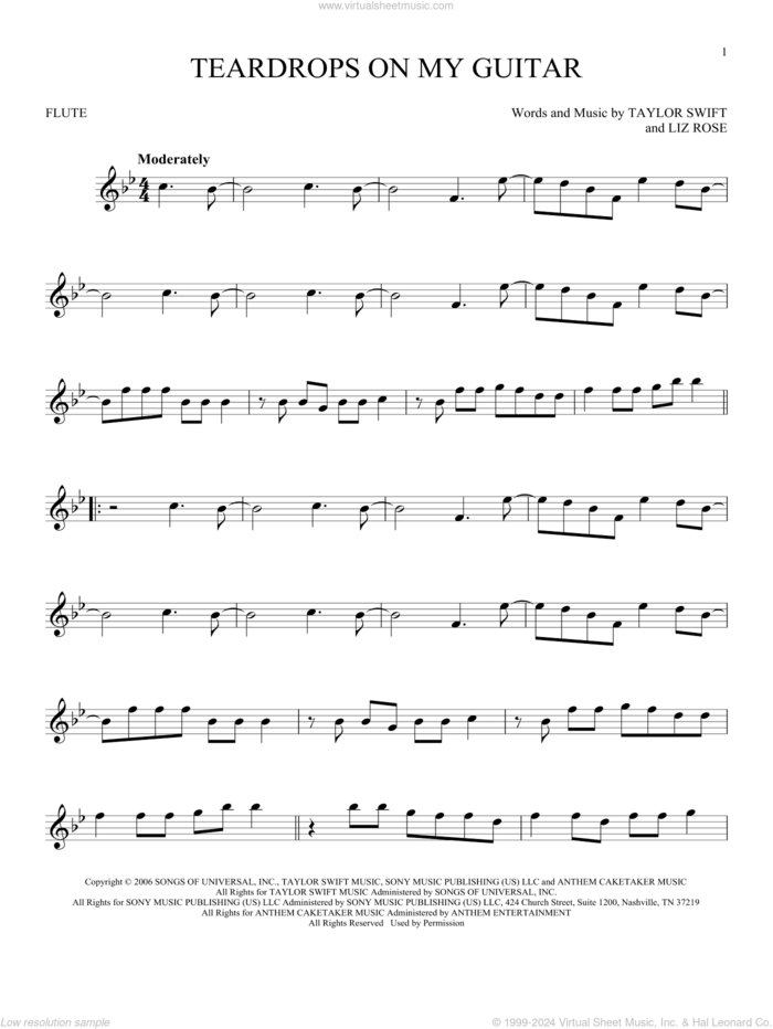 Teardrops On My Guitar sheet music for flute solo by Taylor Swift and Liz Rose, intermediate skill level