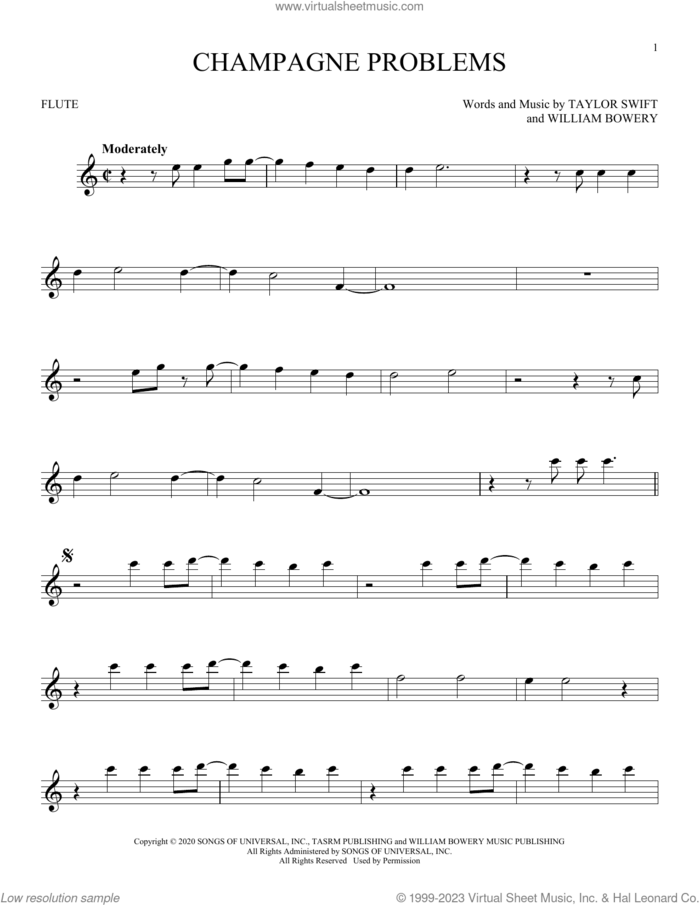 champagne problems sheet music for flute solo by Taylor Swift and William Bowery, intermediate skill level