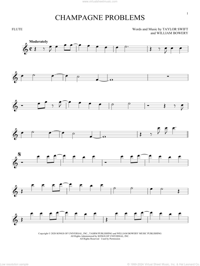 champagne problems sheet music for flute solo by Taylor Swift and William Bowery, intermediate skill level