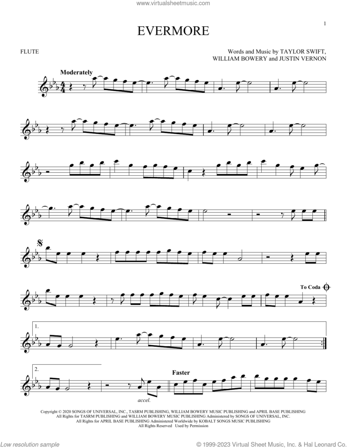 Evermore (feat. Bon Iver) sheet music for flute solo by Taylor Swift, Justin Vernon and William Bowery, intermediate skill level