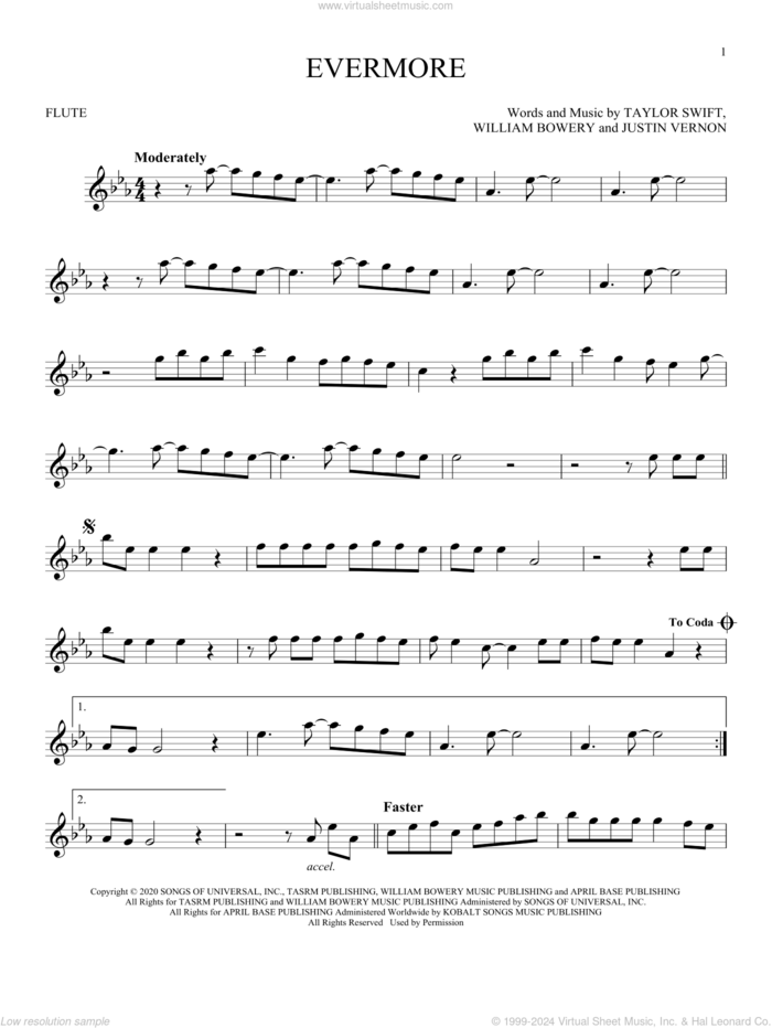 Evermore (feat. Bon Iver) sheet music for flute solo by Taylor Swift, Justin Vernon and William Bowery, intermediate skill level