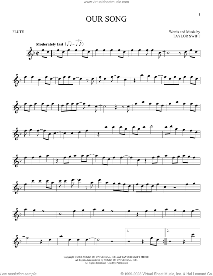 Our Song sheet music for flute solo by Taylor Swift, intermediate skill level