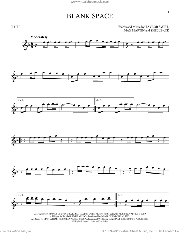 Blank Space sheet music for flute solo by Taylor Swift, Johan Schuster, Max Martin and Shellback, intermediate skill level