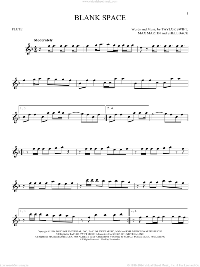 Blank Space sheet music for flute solo by Taylor Swift, Johan Schuster, Max Martin and Shellback, intermediate skill level