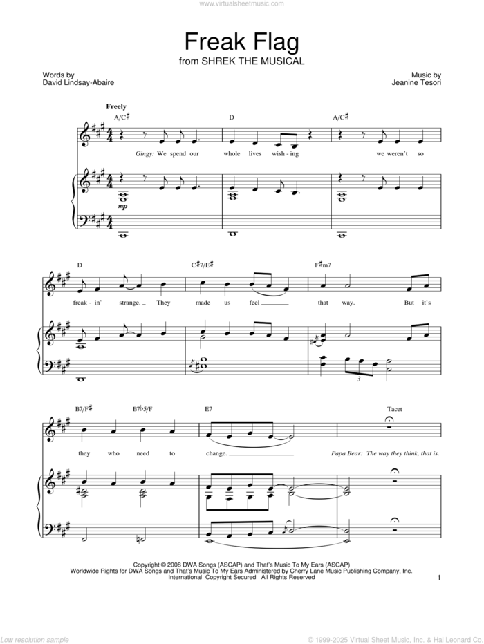 Freak Flag sheet music for voice, piano or guitar by Shrek The Musical, David Lindsay-Abaire and Jeanine Tesori, intermediate skill level