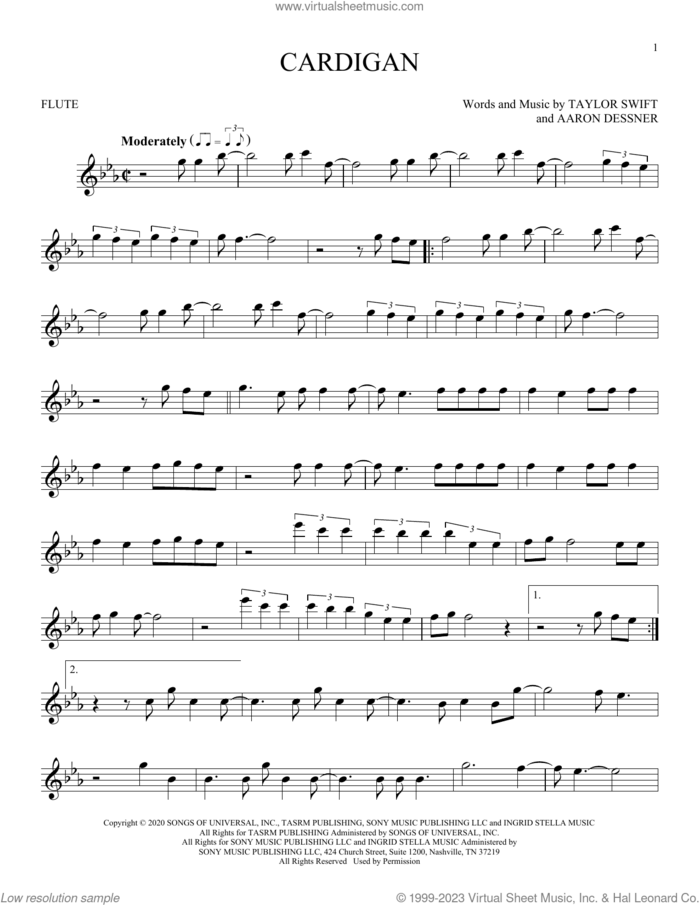 cardigan sheet music for flute solo by Taylor Swift and Aaron Dessner, intermediate skill level