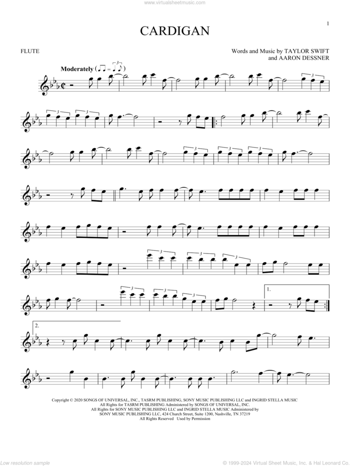 cardigan sheet music for flute solo by Taylor Swift and Aaron Dessner, intermediate skill level