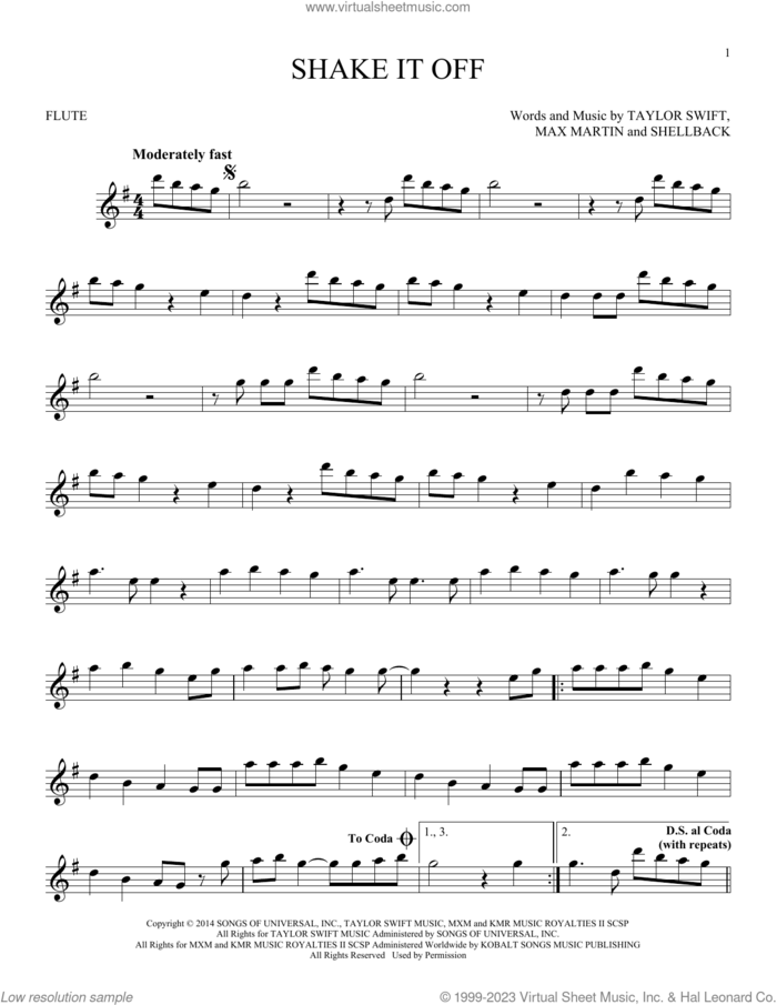 Shake It Off sheet music for flute solo by Taylor Swift, Johan Schuster, Max Martin and Shellback, intermediate skill level