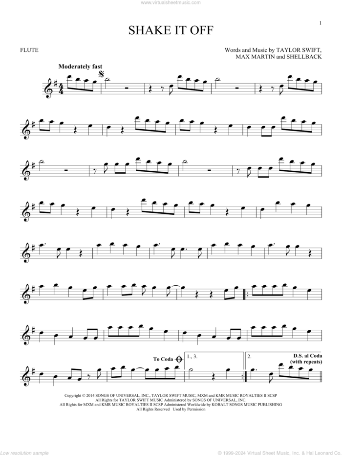 Shake It Off sheet music for flute solo by Taylor Swift, Johan Schuster, Max Martin and Shellback, intermediate skill level