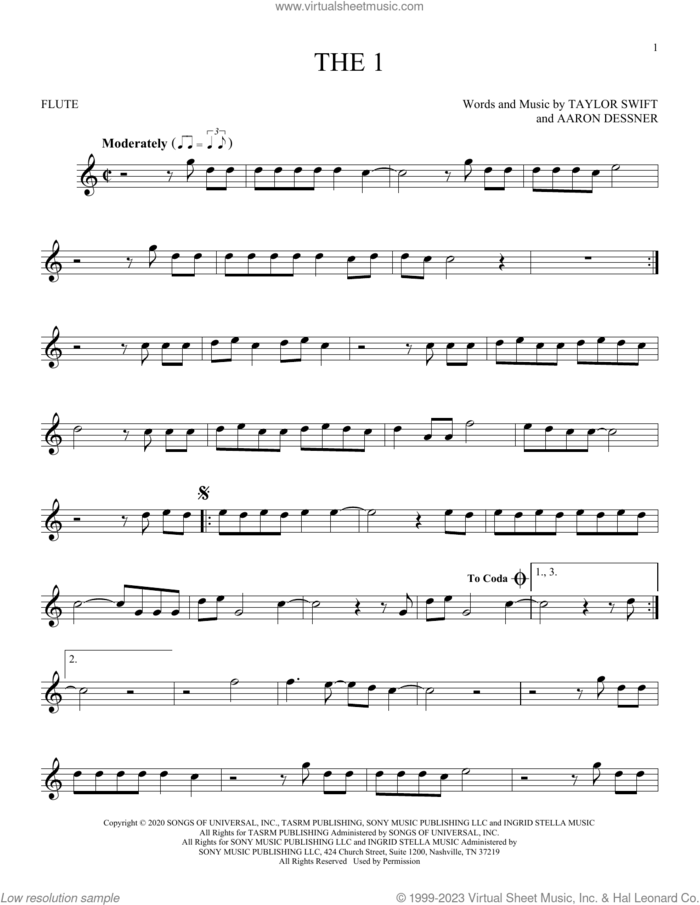 the 1 sheet music for flute solo by Taylor Swift and Aaron Dessner, intermediate skill level