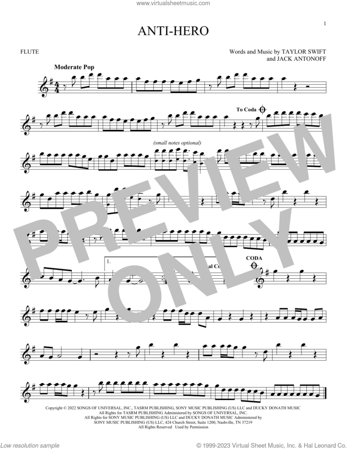 Anti-Hero sheet music for flute solo by Taylor Swift and Jack Antonoff, intermediate skill level