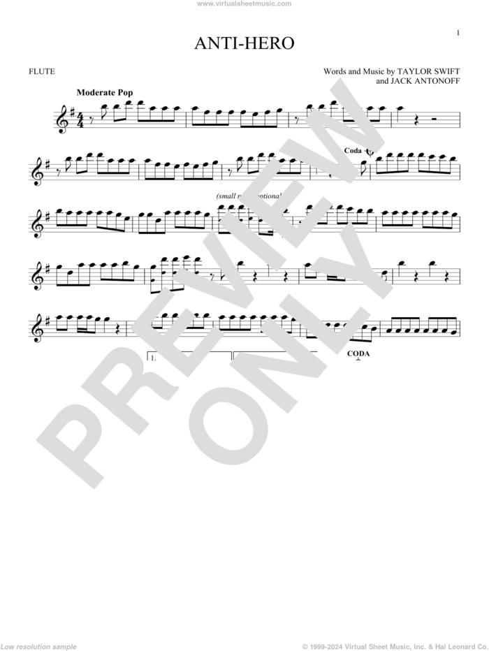 Anti-Hero sheet music for flute solo by Taylor Swift and Jack Antonoff, intermediate skill level