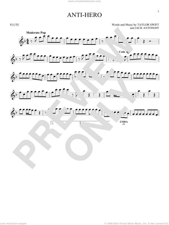 Anti-Hero sheet music for flute solo by Taylor Swift and Jack Antonoff, intermediate skill level