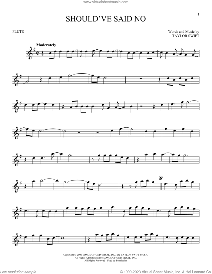 Should've Said No sheet music for flute solo by Taylor Swift, intermediate skill level
