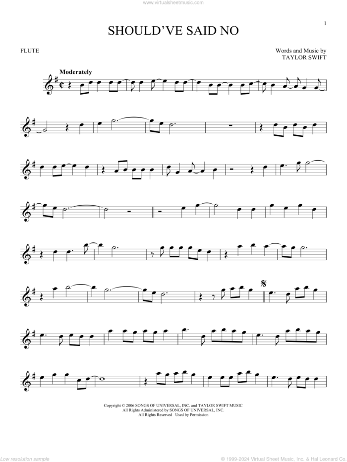 Should've Said No sheet music for flute solo by Taylor Swift, intermediate skill level