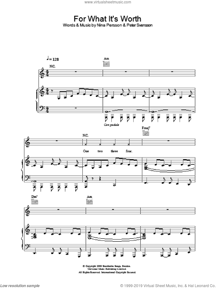 For What It's Worth sheet music for voice, piano or guitar by The Cardigans, intermediate skill level