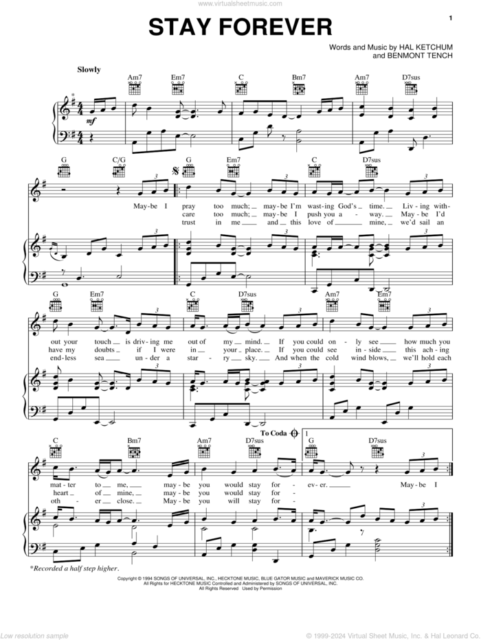 Stay Forever sheet music for voice, piano or guitar by Hal Ketchum and Benmont Tench, intermediate skill level