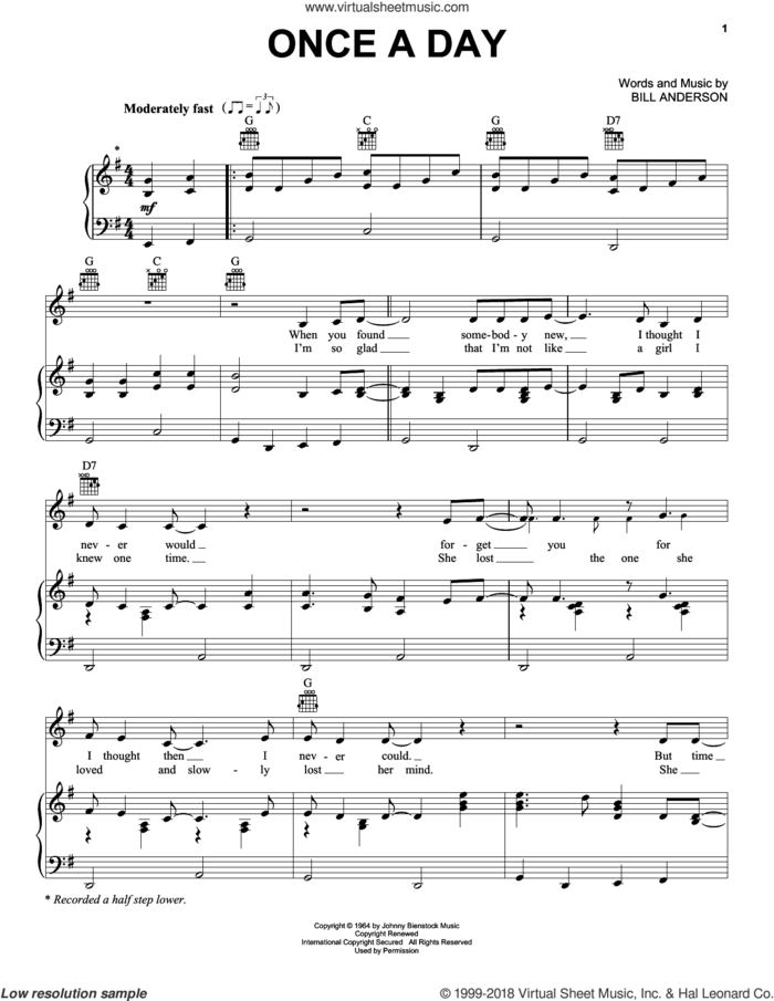 Once A Day sheet music for voice, piano or guitar by Connie Smith and Bill Anderson, intermediate skill level