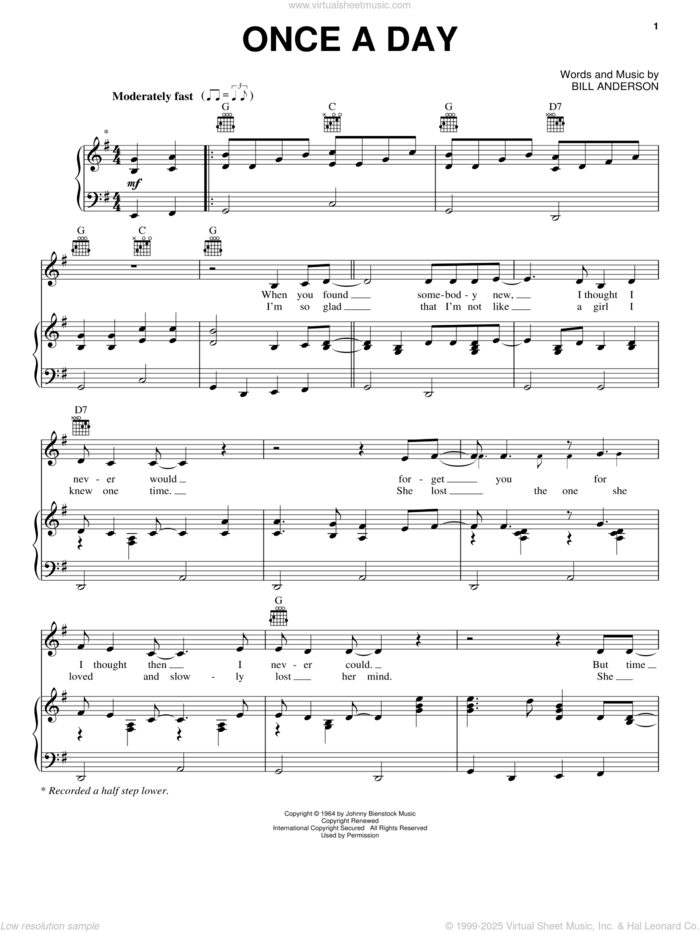 Once A Day sheet music for voice, piano or guitar by Connie Smith and Bill Anderson, intermediate skill level