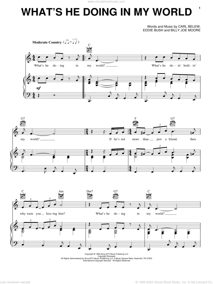 What's He Doing In My World sheet music for voice, piano or guitar by Eddy Arnold, Billy Joe Moore, Carl Belew and Eddie Bush, intermediate skill level