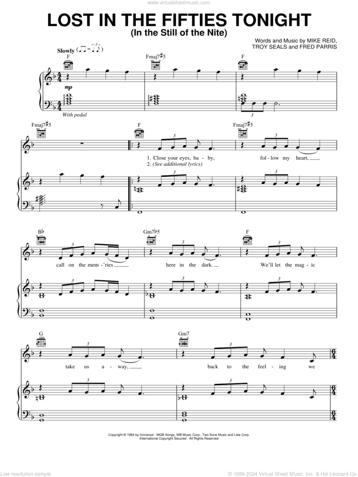 Lost In The Fifties Tonight (In The Still Of The Nite) sheet music for voice, piano or guitar by Ronnie Milsap, Fred Parrish, Mike Reid and Troy Seals, intermediate skill level