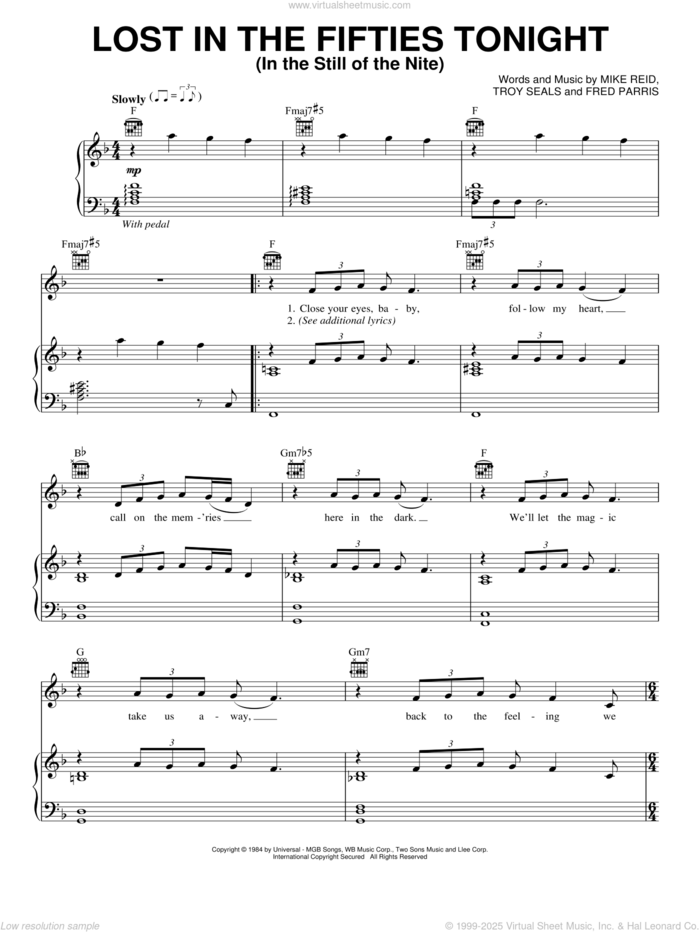 Lost In The Fifties Tonight (In The Still Of The Nite) sheet music for voice, piano or guitar by Ronnie Milsap, Fred Parrish, Mike Reid and Troy Seals, intermediate skill level