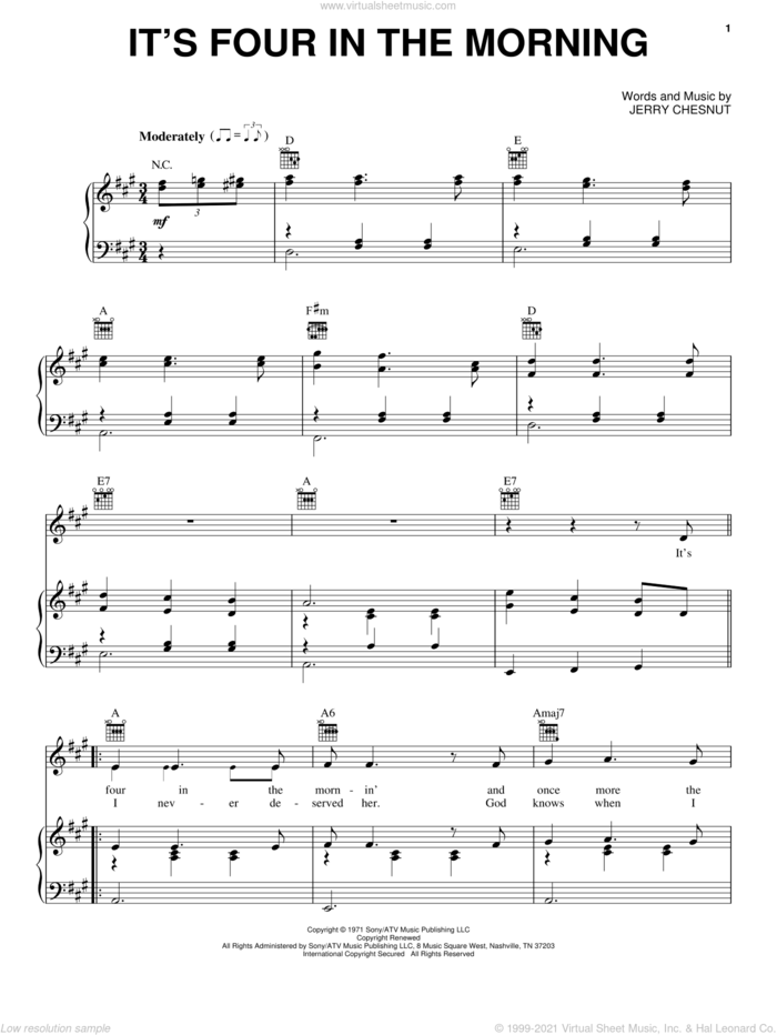 It's Four In The Morning sheet music for voice, piano or guitar by Faron Young and Jerry Chesnut, intermediate skill level