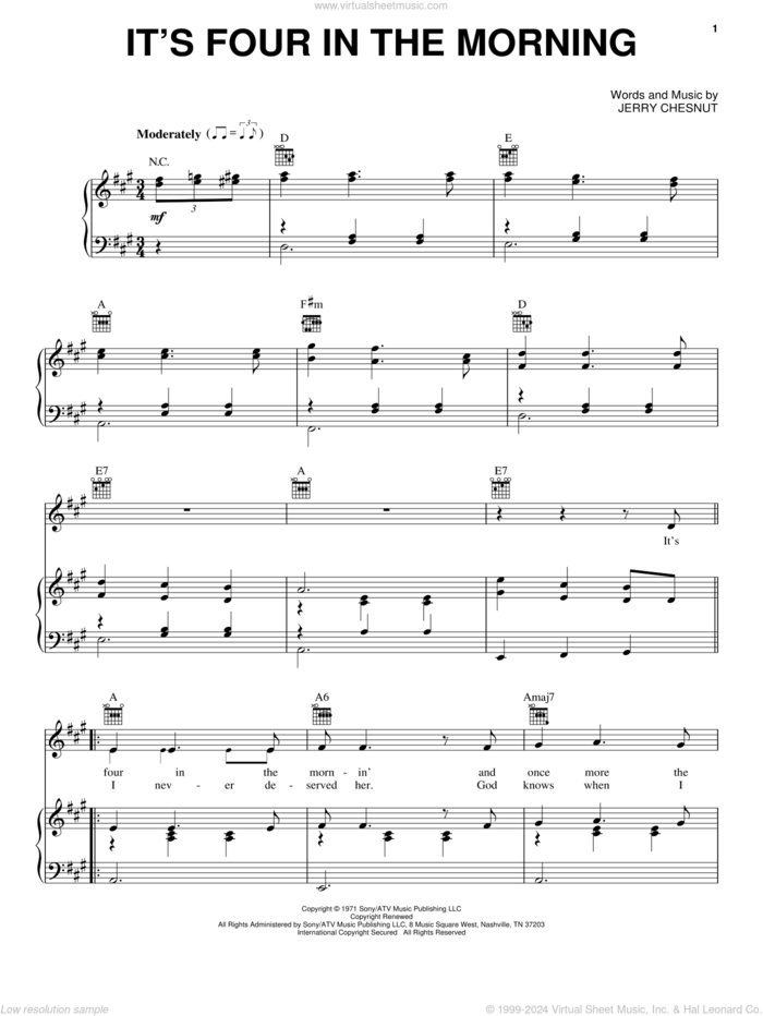 It's Four In The Morning sheet music for voice, piano or guitar by Faron Young and Jerry Chesnut, intermediate skill level