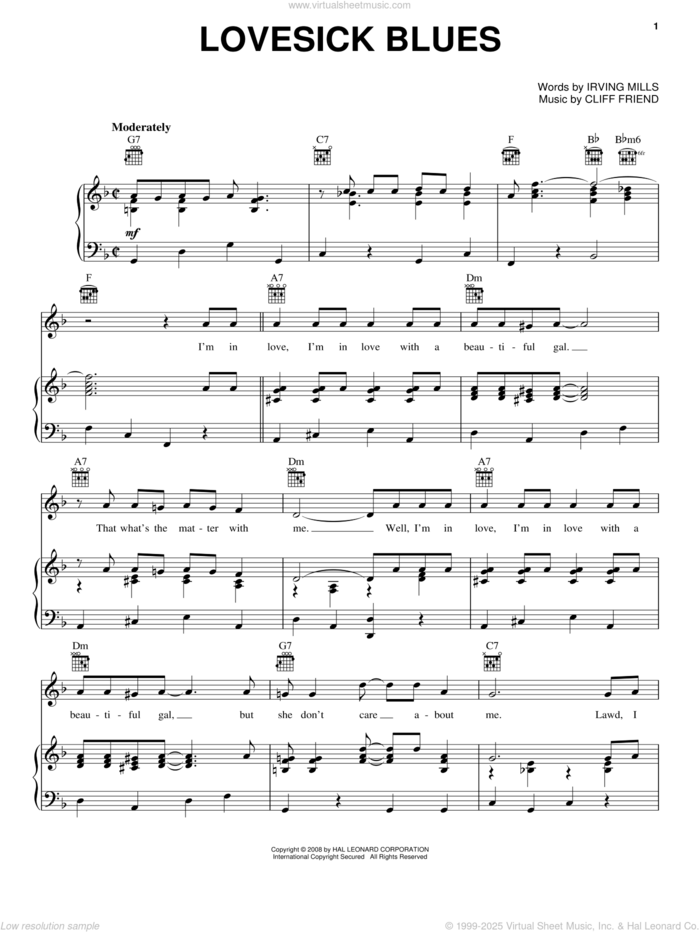 Lovesick Blues sheet music for voice, piano or guitar by Hank Williams, LeAnn Rimes, Patsy Cline, Cliff Friend and Irving Mills, intermediate skill level