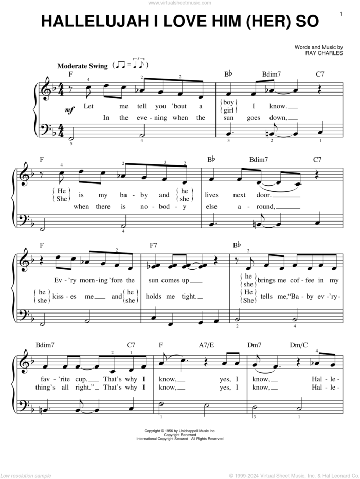 Hallelujah I Love Him (Her) So sheet music for piano solo by Ray Charles, Peggy Lee and Ray (Movie), easy skill level