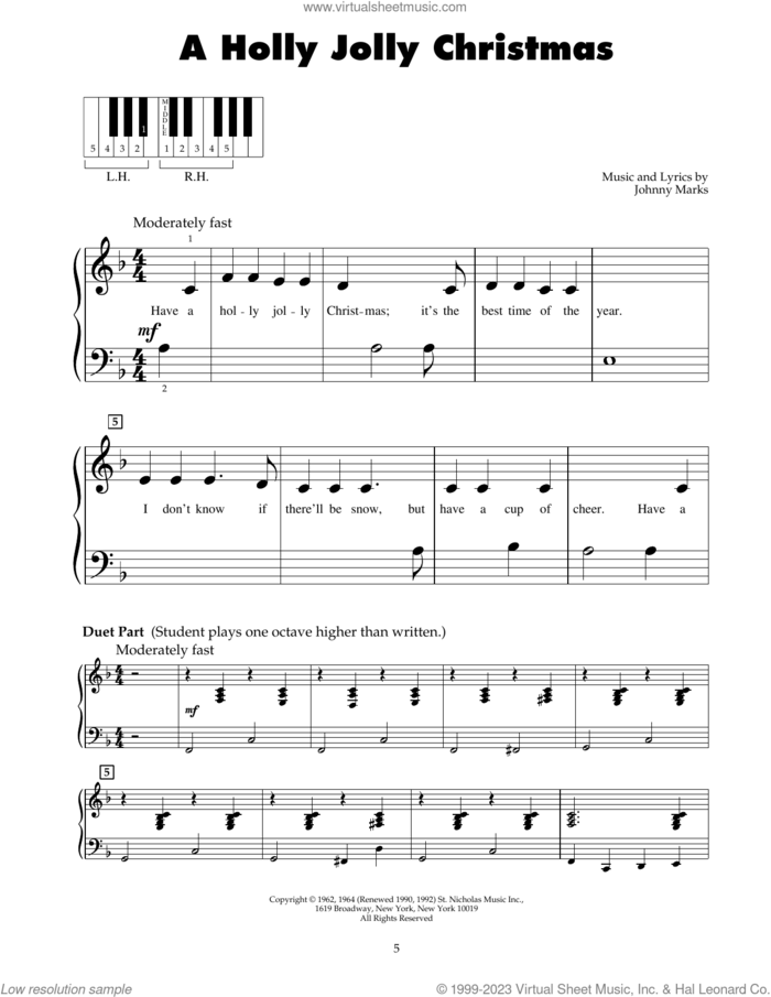A Holly Jolly Christmas sheet music for piano solo (5-fingers) by Burl Ives and Johnny Marks, beginner piano (5-fingers)
