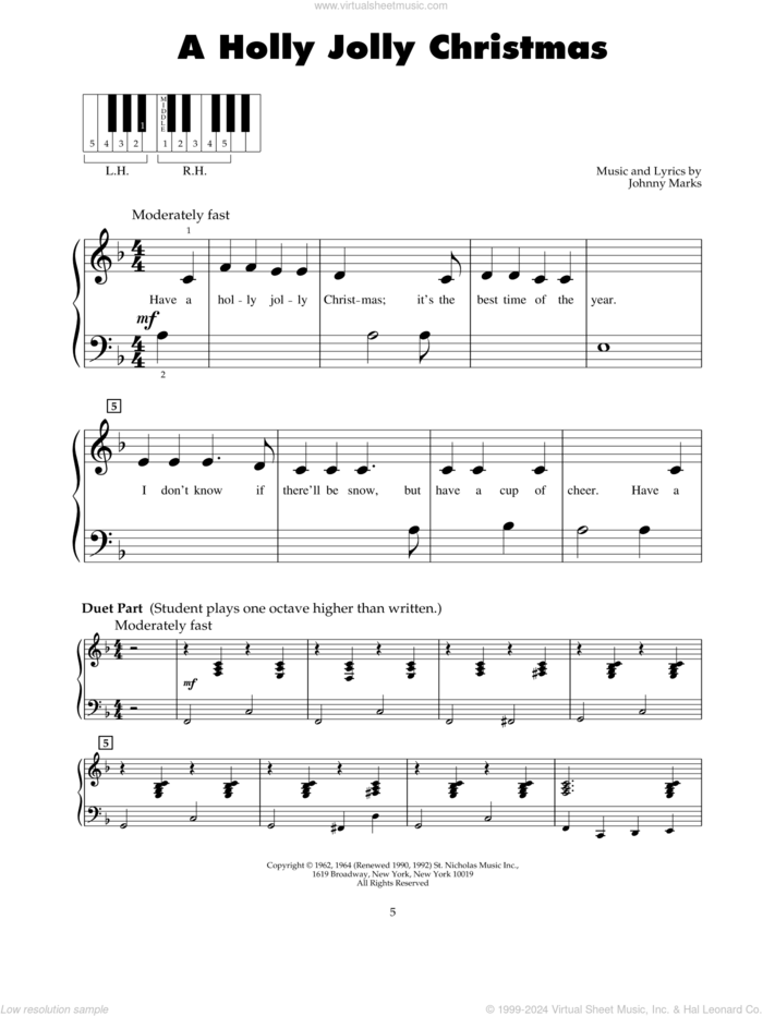 A Holly Jolly Christmas sheet music for piano solo (5-fingers) by Burl Ives and Johnny Marks, beginner piano (5-fingers)