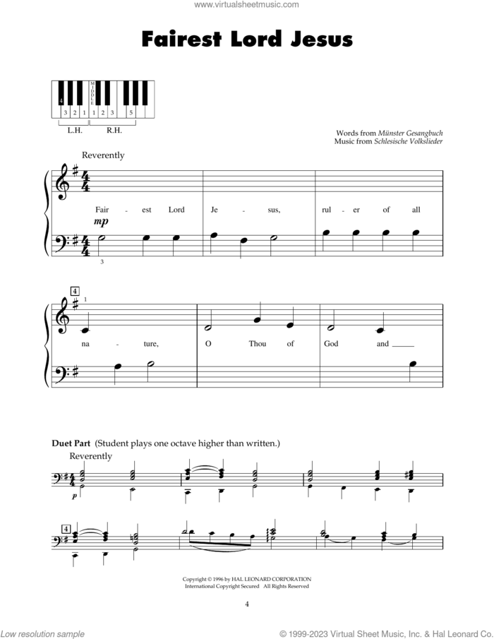 Fairest Lord Jesus sheet music for piano solo (5-fingers) by Joseph August Seiss, Munster Gesangbuch, Richard Storrs Willis, arr. and Schlesische Volkslieder, beginner piano (5-fingers)