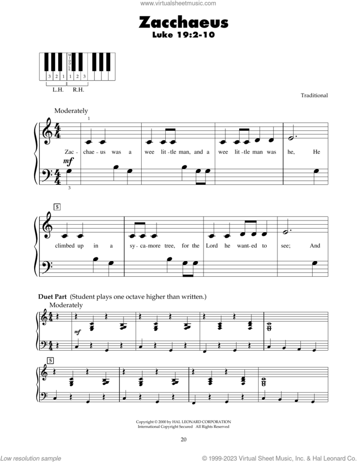Zacchaeus sheet music for piano solo (5-fingers), beginner piano (5-fingers)