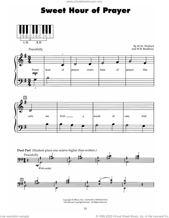 Sweet Hour Of Prayer sheet music for piano solo (5-fingers) by William B. Bradbury and William W. Walford, beginner piano (5-fingers)